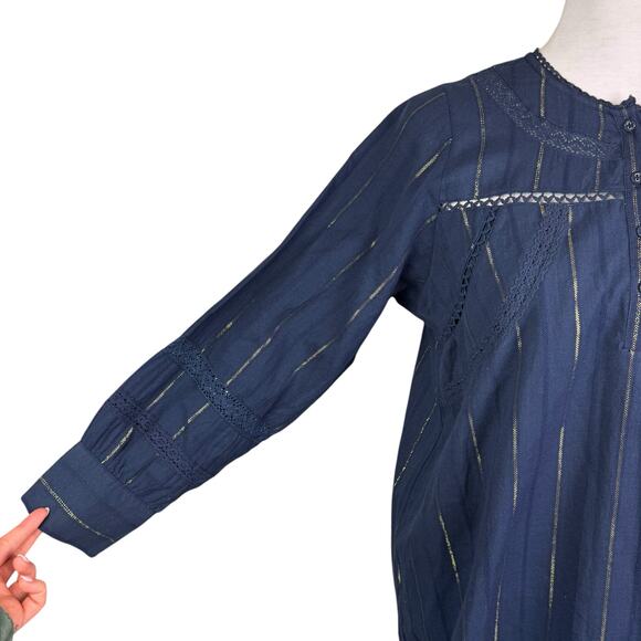 DRA Los Angeles Navy Gold Metallic Striped Eyelet Long Sleeve Shift Mini Dress - Picture 8 of 12